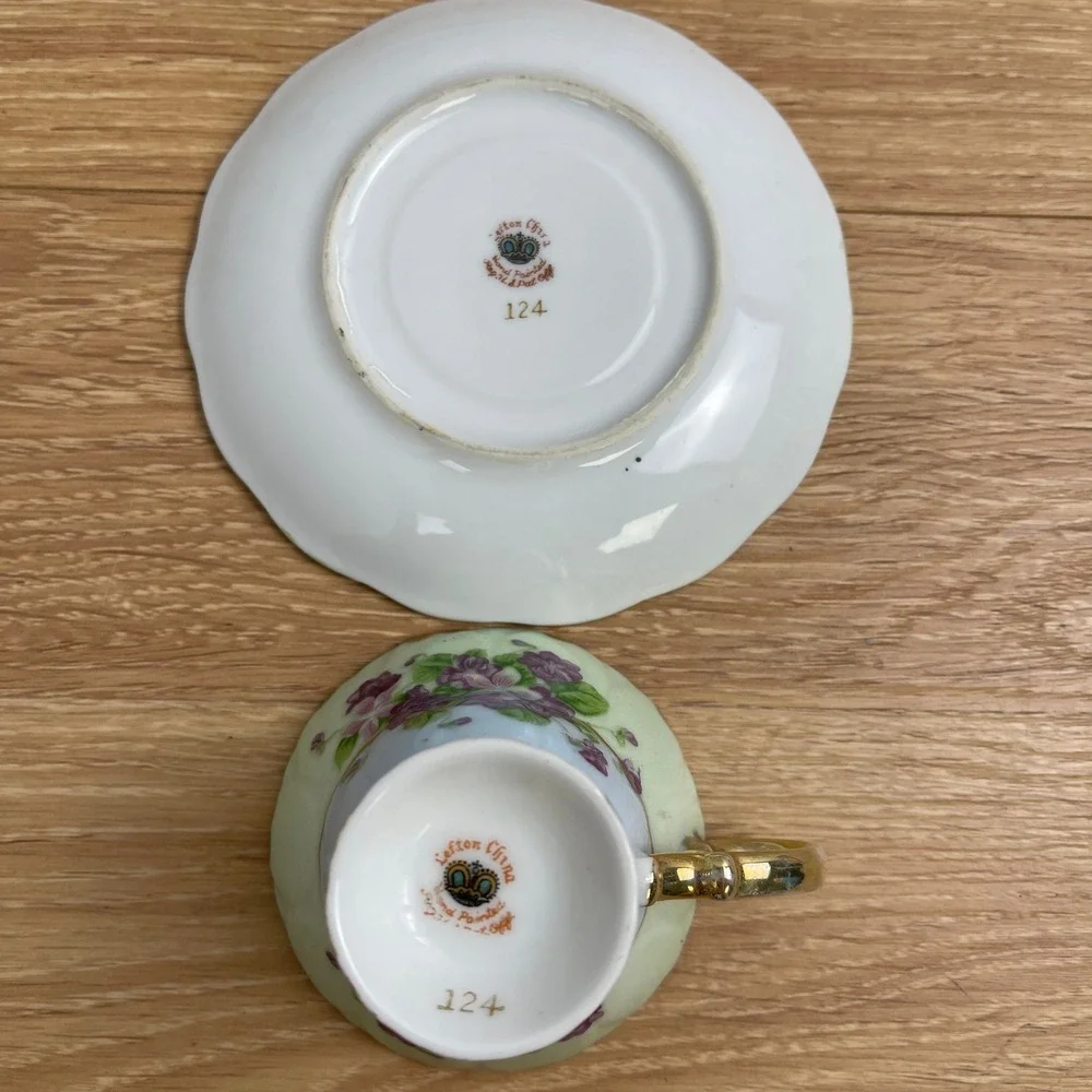 Lefton China 124 Hand Painted Violets Teacup and Saucer Set Gold Trim Mint Green